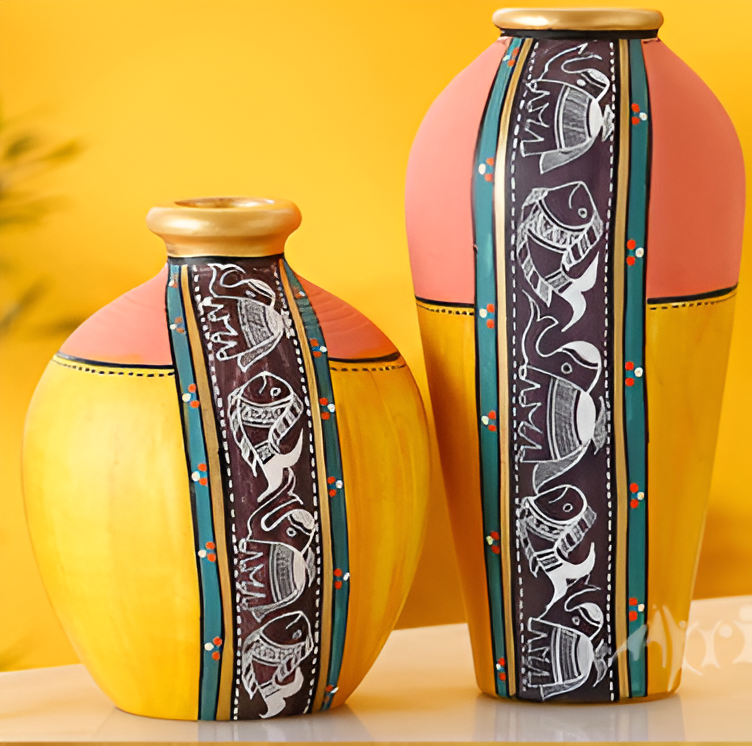 Vase Earthen Yellow Madhubani Set of 2