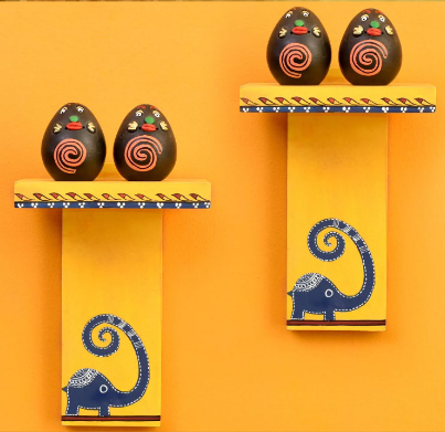 Happy Elephant Yellow Wall Decor Shelves (Set of 2) with Brown Terracotta Miniatures