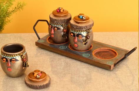 Happy Tribals Storage Jars and Handcrafted Tray S04)