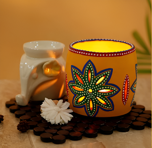 HANDMADE HANDPAINTED TERRACOTTA TEA LIGHT HOLDER