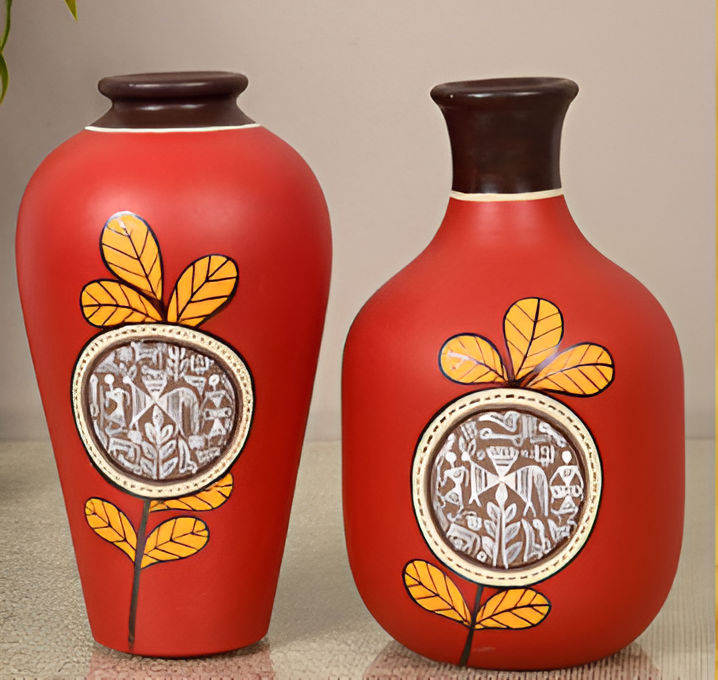 HANDMADE HANDPAINTED TERRACOTTA warli art vase set of 2