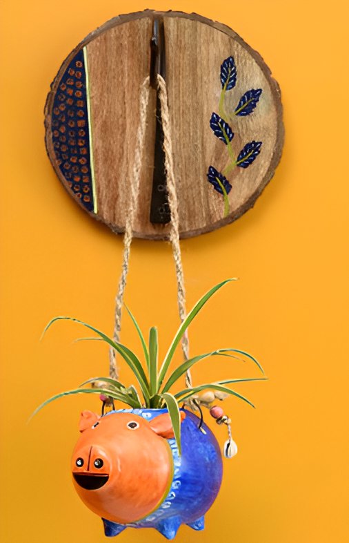 Blue Piggy Earthen Planter on a Round Wall Hook