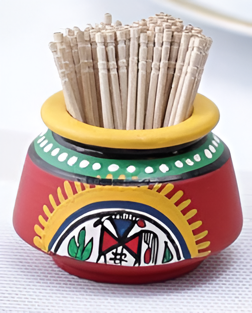 HANDMADE HANDPAINTED TERRACOTTA WARLI ART TOOTH PICK HOLDER