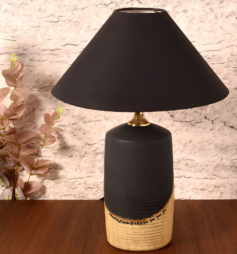 Table Lamp B&W Earthen Handcrafted with Black Shade