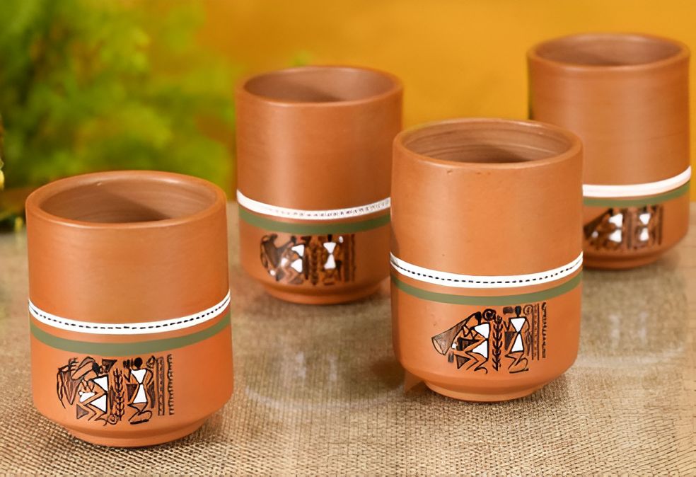 HANDMADE HANDPAINTED TERRACOTTA TEA KHULLAD WITH WARLI ART