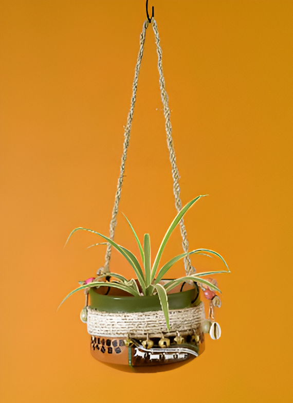 TERRACOTTA EARTHENWARE BELLS AND JUTE WARLI ART HANGING PLANTER