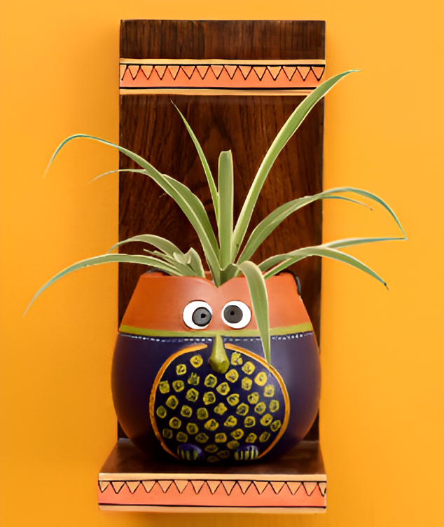 WOODEN SHELF PLANTER OWL EARTHENWARE