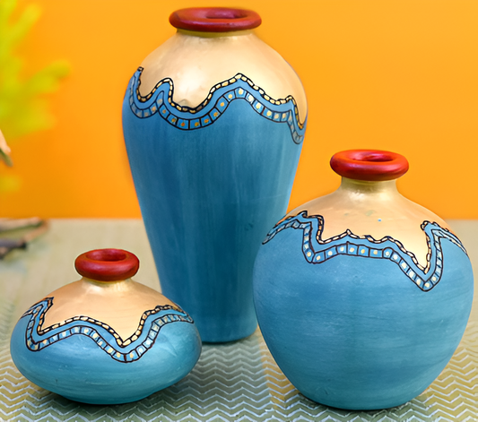 Terracotta Blue vase Set of 3